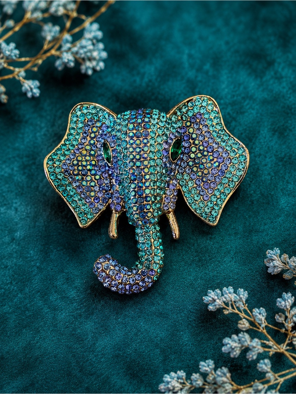 Teal and Sapphire Crystal Elephant Brooch